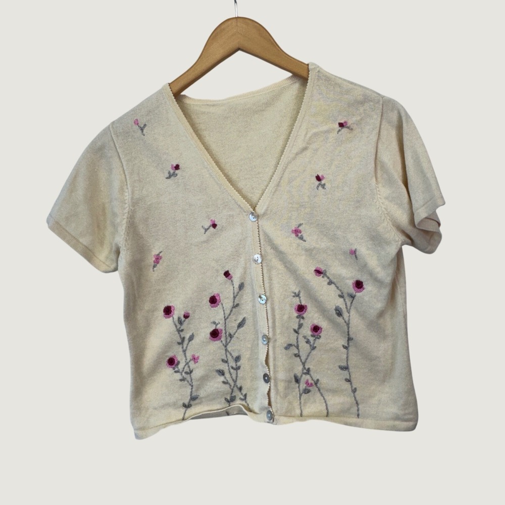 Cardigan Sweater Top Short Sleeve Size XS Yellow Floral Embroidered Cottagecore